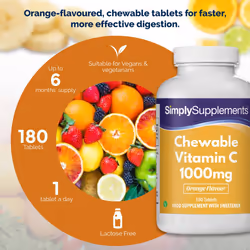Chewable Vitamin C 1000mg | Supports Heathy Skin and Immune System | 180 Tablets | Manufactured in The UK
