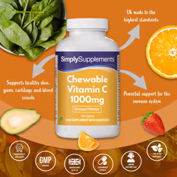 Chewable Vitamin C 1000mg | Supports Heathy Skin and Immune System | 180 Tablets | Manufactured in The UK