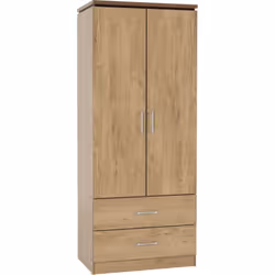 Charles 2 Door 2 Drawer Wardrobe Oak Effect Veneer with Walnut Trim Metal Runner