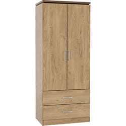 Charles 2 Door 2 Drawer Wardrobe Oak Effect Veneer with Walnut Trim Metal Runner