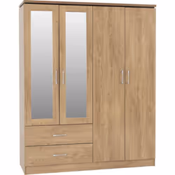 Charles 4 Door 2 Drawer Mirrored Wardrobe in Oak Effect Finish Metal Runners
