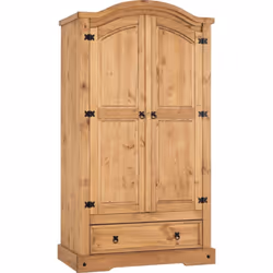 Corona 2 Door 1 Drawer Wardrobe Distressed Waxed Pine Hanging Rail Metal Handles