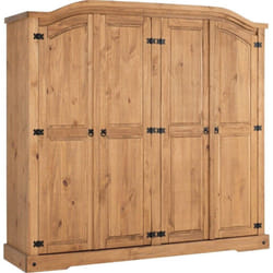 Corona 4 Door Wardrobe in Distressed Waxed Pine Finish Hanging Rail Shelved
