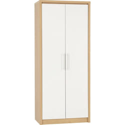 Seville 2 Door Wardrobe in White High Gloss Light Oak Effect Veneer Hanging Rail