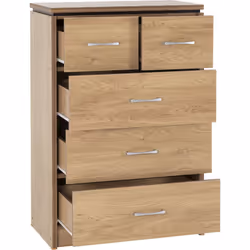 Charles 3+2 Drawer Chest Oak Effect Veneer with Walnut Trim