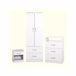 Seconique Polar 3 Piece White Bedroom Set - Wardrobe, 3 Drawer Chest, Bedside Cabinet