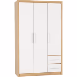 Seville 3 Door 2 Drawer Wardrobe White Gloss and Oak Effect Hanging Rail Shelves