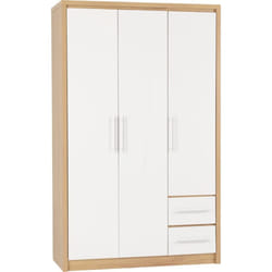 Seville 3 Door 2 Drawer Wardrobe White Gloss and Oak Effect Hanging Rail Shelves