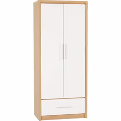 Seville 2 Door 1 Drawer Wardrobe White Gloss Oak Effect Veneer Hanging Rail