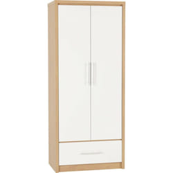 Seville 2 Door 1 Drawer Wardrobe White Gloss Oak Effect Veneer Hanging Rail