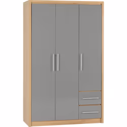 Seville 3 Door 2 Drawer Wardrobe Grey Gloss and Oak Effect Hanging Rail Shelves
