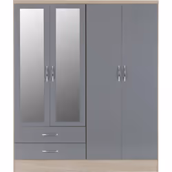 Nevada 4 Door 2 Drawer Mirrored Wardrobe in Grey Gloss and Oak Effect Finish