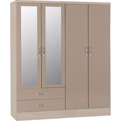 Nevada 4 Door 2 Drawer Mirrored Wardrobe in Oyster Gloss and Oak Effect Finish