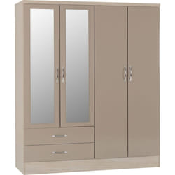 Nevada 4 Door 2 Drawer Mirrored Wardrobe in Oyster Gloss and Oak Effect Finish