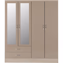Nevada 4 Door 2 Drawer Mirrored Wardrobe in Oyster Gloss and Oak Effect Finish