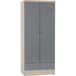 Nevada Wardrobe Grey 2 Door 1 Drawer Gloss and Oak Effect Hanging Rail