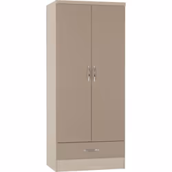 Nevada Wardrobe 2 Door 1 Drawer Oyster Gloss and Oak Finish Drawer Hanging Rail