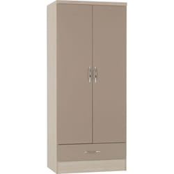 Nevada Wardrobe 2 Door 1 Drawer Oyster Gloss and Oak Finish Drawer Hanging Rail