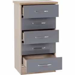 Nevada 5 Drawer Narrow Chest Grey Gloss/Light Oak Effect Veneer