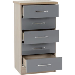 Nevada 5 Drawer Narrow Chest Grey Gloss/Light Oak Effect Veneer