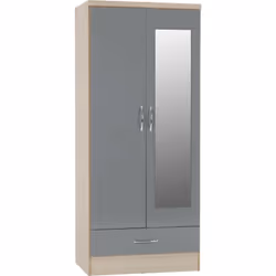 Nevada Mirrored 2 Door 1 Drawer Wardrobe Grey and Oak Effect