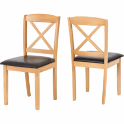 Mason Dining Chair Pair in Oak Varnish and Brown Faux Leather