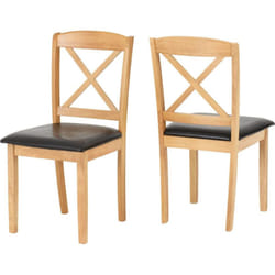 Mason Dining Chair Pair in Oak Varnish and Brown Faux Leather