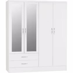 Nevada 4 Door 2 Drawer Mirrored Wardrobe in White Gloss Finish Hanging Rail