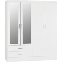 Nevada 4 Door 2 Drawer Mirrored Wardrobe in White Gloss Finish Hanging Rail