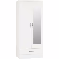 Nevada Mirrored 2 Door 1 Drawer Wardrobe White Gloss Hanging Rail Storage