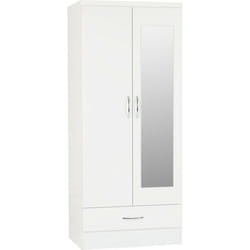 Nevada Mirrored 2 Door 1 Drawer Wardrobe White Gloss Hanging Rail Storage