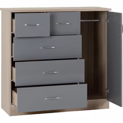 Nevada 5 Drawer 1 Door Low Wardrobe Grey Gloss and Light Oak Effect Veneer - Additional view 4