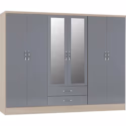 Nevada 6 Door 2 Drawer Mirrored Wardrobe in Grey Gloss and Oak Effect Finish