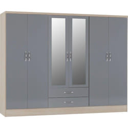 Nevada 6 Door 2 Drawer Mirrored Wardrobe in Grey Gloss and Oak Effect Finish