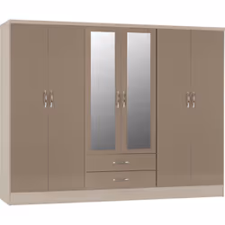 Nevada 6 Door 2 Drawer Mirrored Wardrobe in Oyster Gloss and Oak Effect Finish