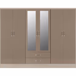 Nevada 6 Door 2 Drawer Mirrored Wardrobe in Oyster Gloss and Oak Effect Finish