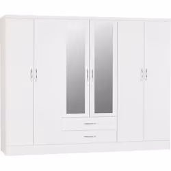 Nevada 6 Door 2 Drawer Mirrored Wardrobe White Gloss Finish Hanging Rail