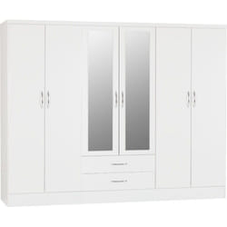 Nevada 6 Door 2 Drawer Mirrored Wardrobe White Gloss Finish Hanging Rail