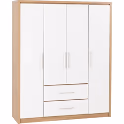 Seville 4 Door 2 Drawer Wardrobe White Gloss and Oak Effect Hanging Rail Shelves