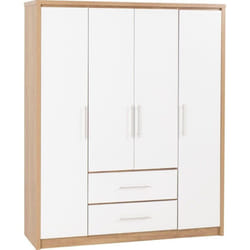 Seville 4 Door 2 Drawer Wardrobe White Gloss and Oak Effect Hanging Rail Shelves
