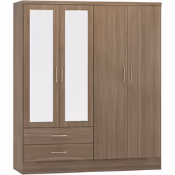 Nevada 4 Door 2 Drawer Mirrored Wardrobe Rustic Oak Effect Finish Hanging Rail