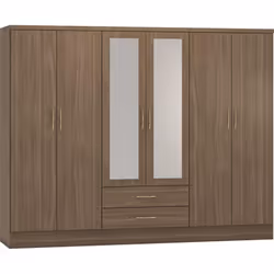 Nevada 6 Door 2 Drawer Mirrored Wardrobe Rustic Oak Effect Finish Hanging Rail