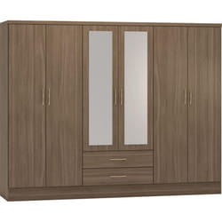 Nevada 6 Door 2 Drawer Mirrored Wardrobe Rustic Oak Effect Finish Hanging Rail