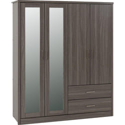 Lisbon 4 Door Mirrored Wardrobe 2 Drawers in Black Wood Grain Finish