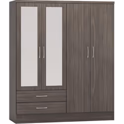 Nevada 4 Door 2 Drawer Mirrored Wardrobe in Black Wood Grain Effect Finish