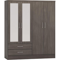Nevada 4 Door 2 Drawer Mirrored Wardrobe in Black Wood Grain Effect Finish