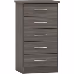 Nevada 5 Drawer Narrow Chest of Drawers Black Wood Grain Effect Metal Runners