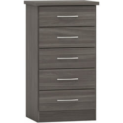 Nevada 5 Drawer Narrow Chest of Drawers Black Wood Grain Effect Metal Runners