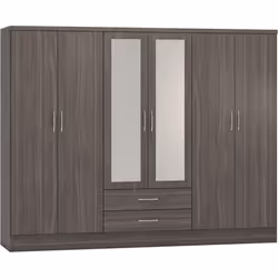 Nevada 6 Door 2 Drawer Mirrored Wardrobe Black Grain Effect Finish Hanging Rail