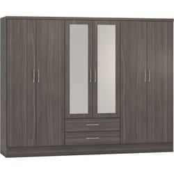 Nevada 6 Door 2 Drawer Mirrored Wardrobe Black Grain Effect Finish Hanging Rail